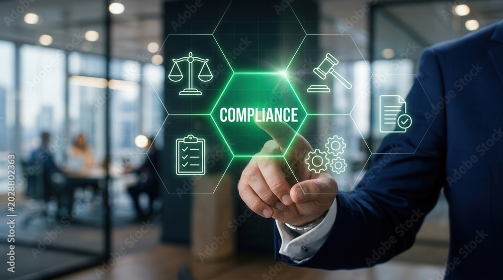 Obraz premium Business professional interacting with a digital compliance interface to manage legal risks.