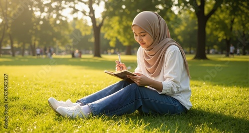 Young Asian muslim woman writing in a notebook while sitting on grass in a sunny morning during summer at the park
