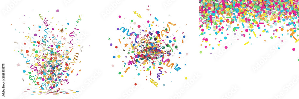 Obraz premium Set of Colorful Confetti Explosion PNG Overlays - Realistic Party Streamers and Festive Falling Paper Bits Isolated on White Background for Holiday Designs