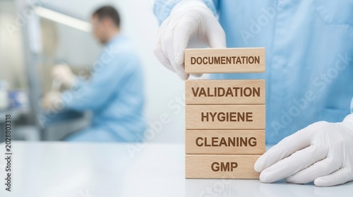 Gloved hand stacking wooden blocks with GMP cleaning hygiene validation documentation text.