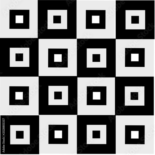 Seamless black and white geometric pattern with square elements, op art vector illustration.