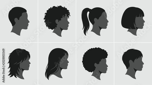 Tableau sur toile Collection of eight different female head silhouettes in profile view featuring