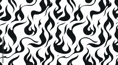 Seamless pattern of large stylized black flame shapes arranged on a solid white background