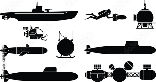 Quadro su tela Submarine and underwater exploration vehicle silhouettes collection featuring di