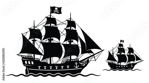 Fotografi Pirate ships with skull and crossbones flags black silhouette