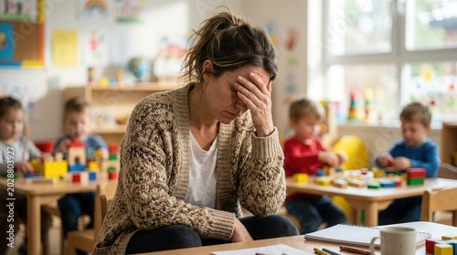 Stressed teacher experiencing burnout and occupational stress in an early childhood education setting.