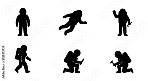 Foto Astronaut Icon Set, Space Explorer Silhouettes, Cosmic Adventure Vector Graphics
