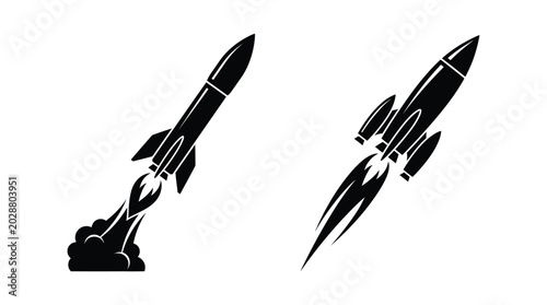 Tableau sur toile Rocket ship launching with flames black silhouette