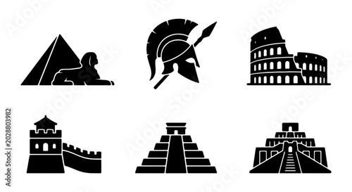 Tableau sur toile Ancient Wonders Icons Set: Pyramids, Coliseum, Great Wall, Mayan Temples, Sparta