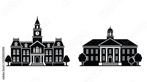 University building silhouettes with clock tower and trees silhouette