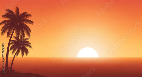 Tropical sunset with palm trees on the beach at golden hour