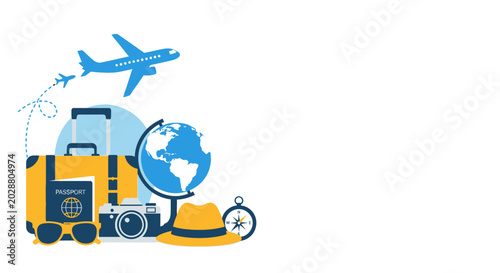 Vászonkép Travel concept flat illustration with airplane luggage and globe.