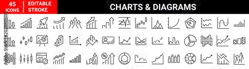 Set of 45 outline icons related to Charts and diagrams. Linear icon collection. Editable stroke. Vector illustration