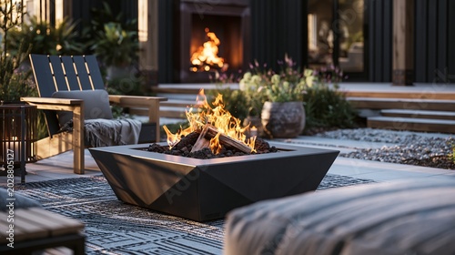 Fire pit sits outside on a patio.