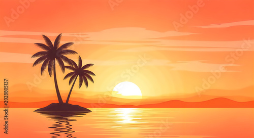 Tropical sunset paradise with palm trees and ocean view