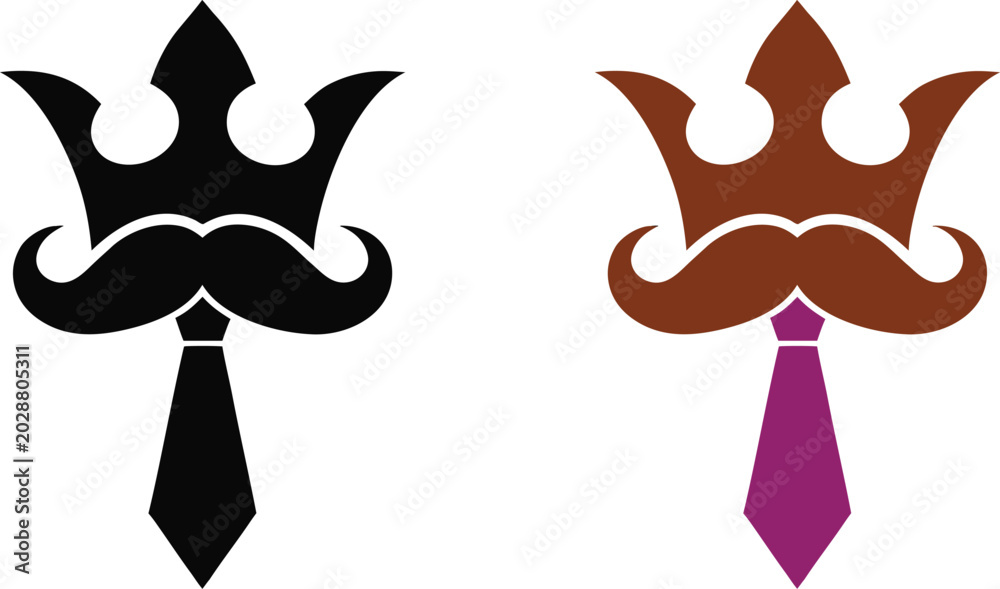 Fototapeta premium Vector illustration of crown mustache tie icons in black and brown colors fathers day