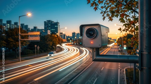 A radar speed camera mounted on the roadside for monitoring traffic control.