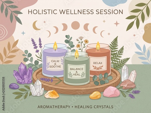 Canvas Print Candles glow softly as crystals sparkle around them in a peaceful wellness setti