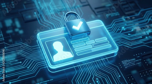 Digital ID card with glowing blue circuits and a secure padlock icon for biometric authentication.