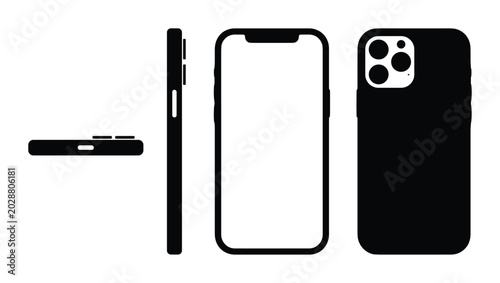 Obraz na płótnie Smartphone case blueprint template with front back side views, black mobile cover outline and camera cutout for phone accessory design, protective case mockup