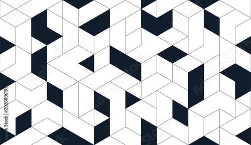 Abstract isometric cube pattern background. Geometric blocks, seamless 3D tiling, architectural grid lines and modern polygon wallpaper. Construction, technology, packaging and interior design layout