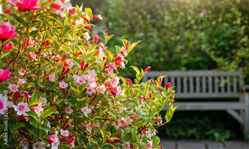 Serene garden scene with flowering bushes and rustic wooden bench