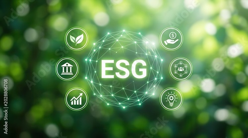ESG environmental social governance concept with white icons on a blurred green background.