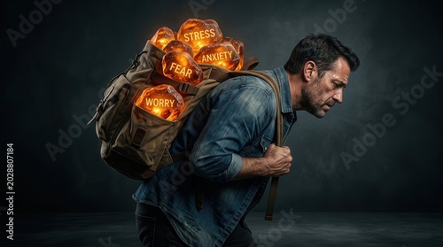 A man burdened by a conceptual backpack filled with glowing stones representing heavy emotional weight.