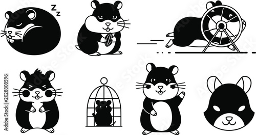 Φωτογραφία Hamster and Rodent Icon Set Featuring Running, Eating, Sleeping, and Caged Hamst