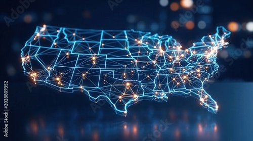 United States map made of connected nodes illustrating a nationwide digital network.