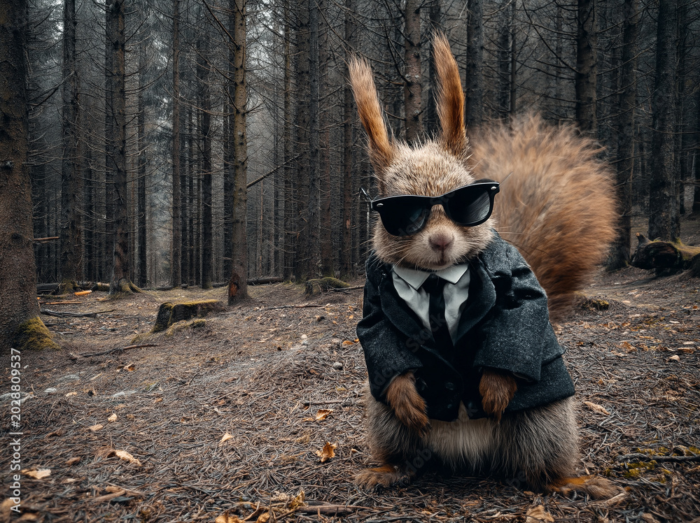 Obraz premium Wiewiórka ubrana w elegancki garnitur z krawatem oraz ciemne okulary stoi pośród gęstych drzew. Humorystyczne zestawienie zwierzęcia z oficjalnym strojem tworzy niezwykły, surrealistyczny klimat.