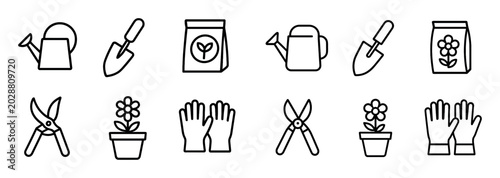 Garden icons with watering can trowel gloves outline