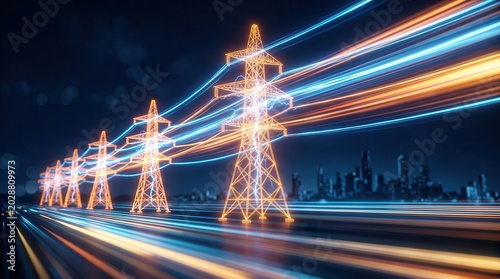 Luminous transmission towers with blazing energy streams in a futuristic power grid.