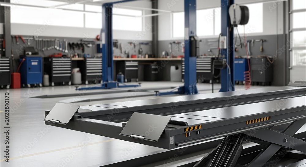 Obraz premium Sleek modern car lift platform in a clean auto repair workshop, ready for service, conveying professionalism and efficiency