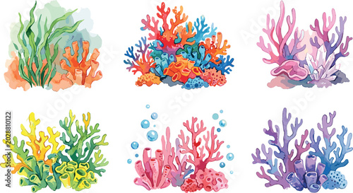 Bild auf Leinwand Watercolor coral reef elements collection with colorful underwater sea anemones
