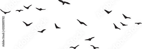 Quadro su tela Flock of Birds in Flight: A silhouette of numerous birds soar in unison against a stark white background, creating a dynamic visual of freedom and migration