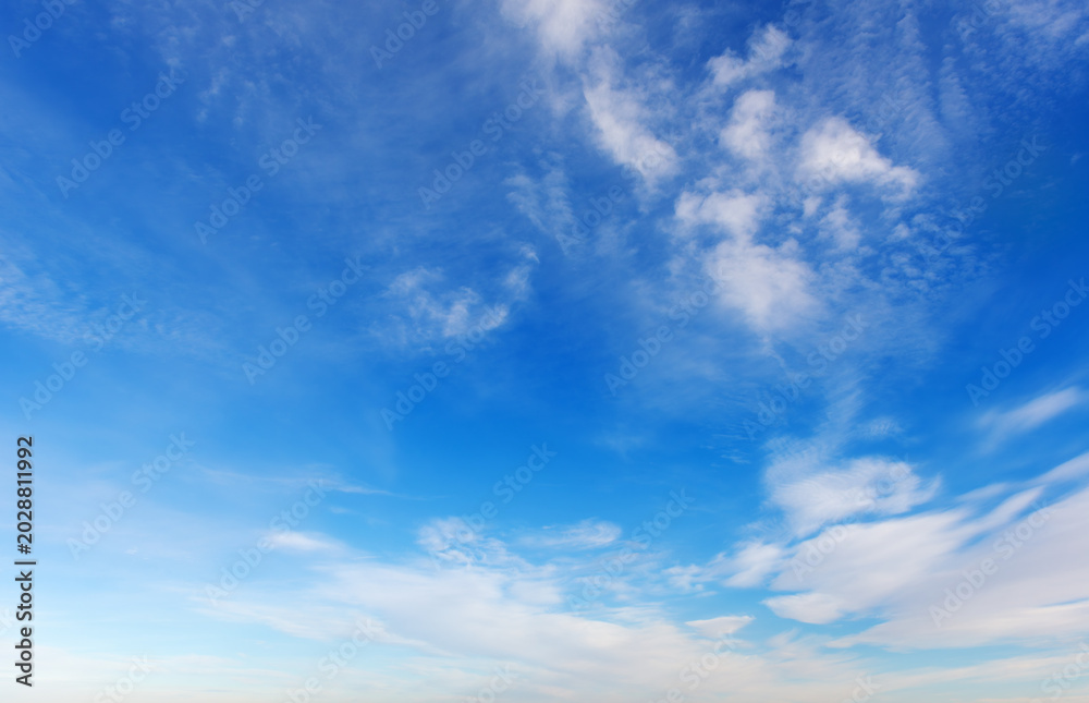 Obraz premium Beautiful blue sky background with light white cirrus clouds on a sunny day.