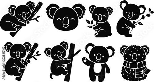 Photos Koala Icon Set Featuring Sitting, Hugging Trees, Holding Eucalyptus, and Playful