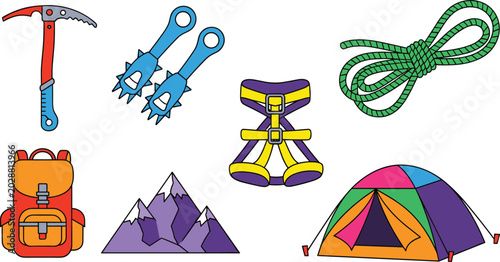 Schilderij op canvas Mountain Climbing and Camping Equipment Vector Icon Set featuring Ice Axe, Cramp