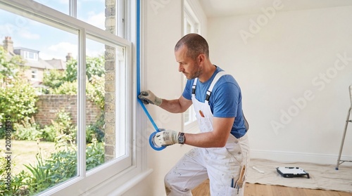 caucasian male painter applying blue masking tape to window frame before painting. home renovation, interior repair and diy improvement concept. banner, website header with copyspace.