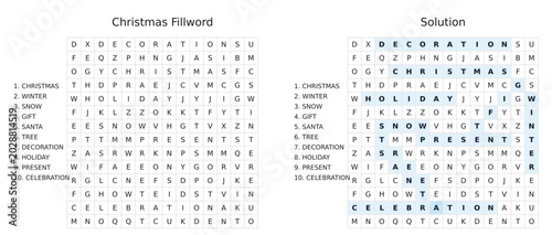 Christmas word search puzzle with highlighted solutions