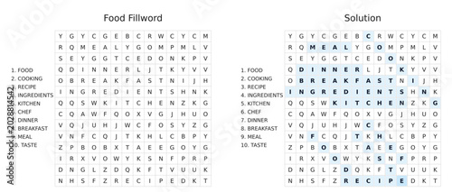 Word search puzzle featuring various food items with solution