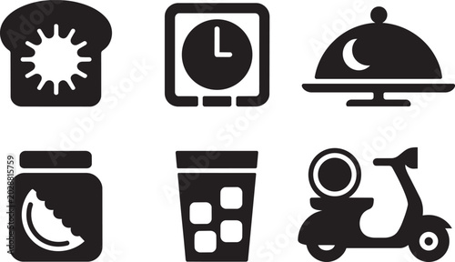 Foto Modern breakfast bread clock catering cloche platter food delivery icons set in