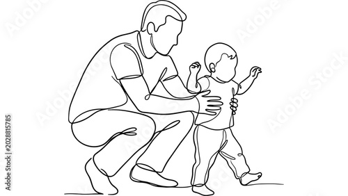 Bild auf Leinwand Father supports baby's first steps in continuous line art drawing