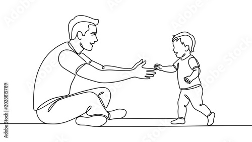 Foto Father and Child First Steps, One Line Drawing