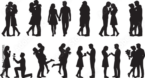 Obraz na płótnie Set of black silhouette vectors featuring romantic couples in various poses incl