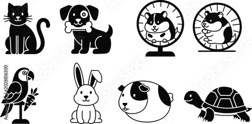 Photography Pet and Small Animal Icon Set Featuring Cat, Dog, Hamster in a Wheel, Parrot, Ra