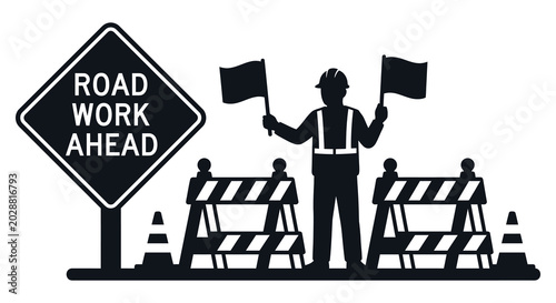 Road work ahead sign with construction workers black silhouette