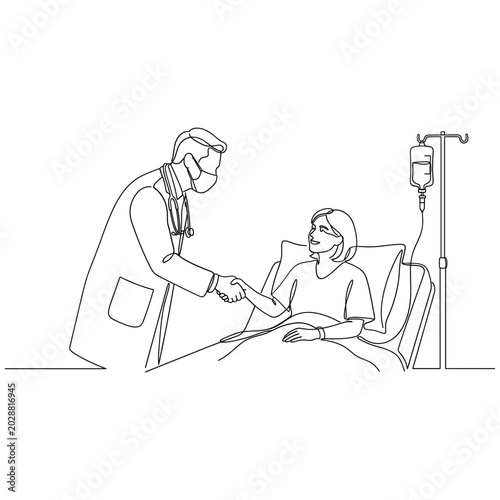 Doctor and patient in hospital, continuous line art, medical care concept