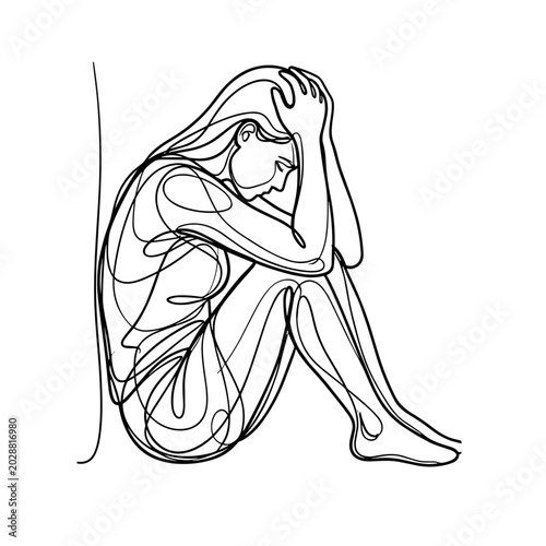 Woman sitting alone, bowed head, one line drawing, emotional distress, mental health